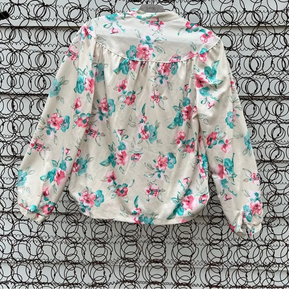 Vintage 60s DEVON butter cream pink green floral button down polyester blouse - Picture 3 of 6